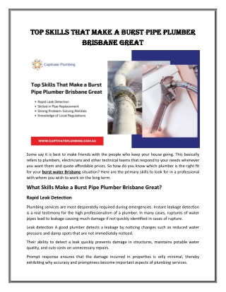 Top Skills That Make a Burst Pipe Plumber Brisbane Great