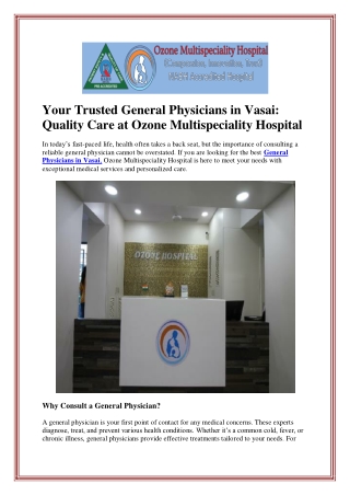 Your Trusted General Physicians in Vasai: Quality Care at Ozone Multispeciality