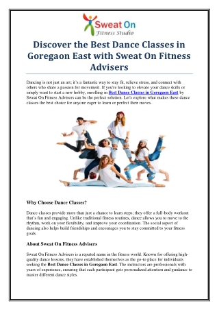 Discover the Best Dance Classes in Goregaon East for All Ages"