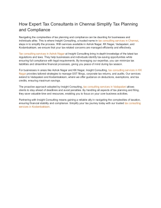How Expert Tax Consultants in Chennai Simplify Tax Planning and Compliance