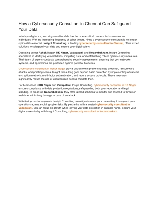 How a Cybersecurity Consultant in Chennai Can Safeguard Your Data