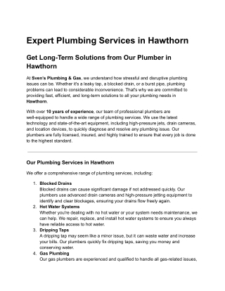 Reliable Plumbing Services in Hawthorn - Expert Solutions from Sven's Plumbing