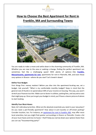 How to Choose the Best Apartment for Rent in Franklin, MA and Surrounding Towns