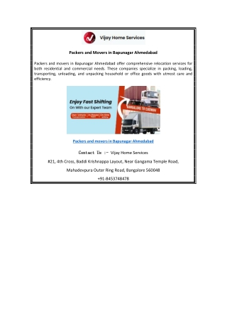 Packers and Movers in Bapunagar Ahmedabad