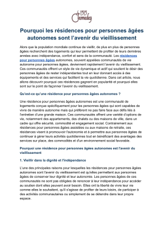 Pourquoi les résidences pour personnes âgées autonomes sont l’avenir du vieillis