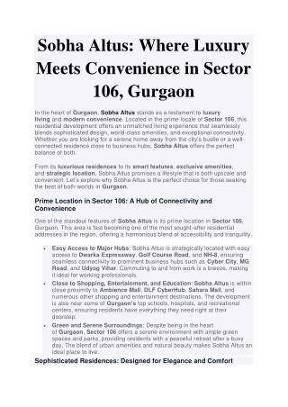 Sobha Altus  Where Luxury Meets Convenience in Sector 106, Gurgaon