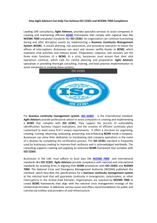 How Agile Advisors Can Help You Achieve ISO 22301 and NCEMA 7000 Compliance