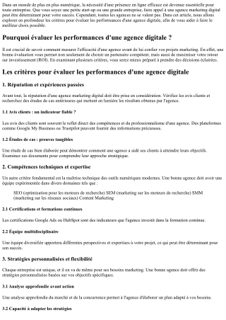 Les critères pour évaluer les performances d'une agence digitale
