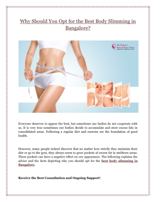 Why Should You Opt for the Best Body Slimming in Bangalore?