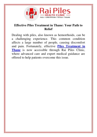 Effective Piles Treatment in Thane Your Path to Relief