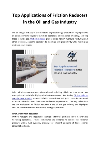 Top Applications of Friction Reducers in the Oil and Gas Industry