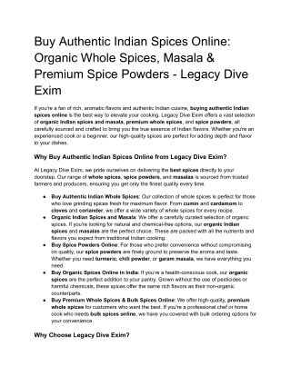 Buy Authentic Indian Spices Online_ Organic Whole Spices, Masala & Premium Spice Powders - Legacy Dive Exim
