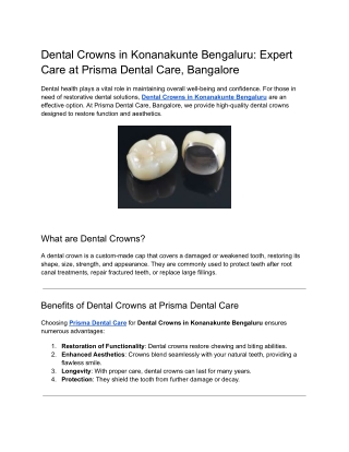 Dental Crowns in Konanakunte Bengaluru Prisma Dental Care, Bangalore