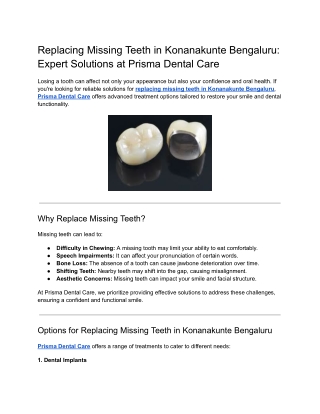 Replacing Missing Teeth in Konanakunte Bengaluru Prisma Dental Care