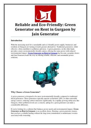 Hire a Green Generator on Rent in Gurgaon for Clean & Efficient Energy