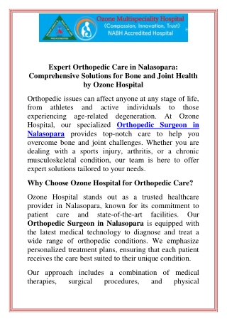 Expert Orthopedic Care in Nalasopara Comprehensive Solutions for Bone and Joint Health by Ozone Hospital