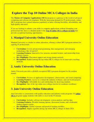 Explore the Top 10 Online MCA Colleges in India
