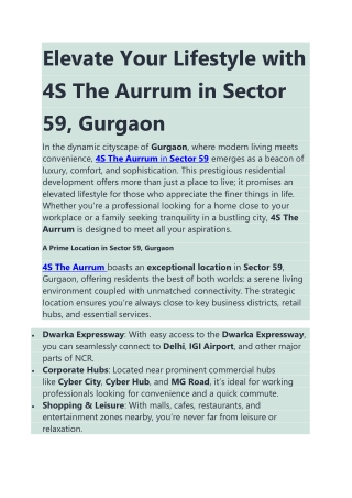 Elevate Your Lifestyle with 4S The Aurrum in Sector 59