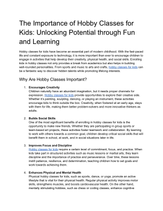 Hobby Classes For Kids