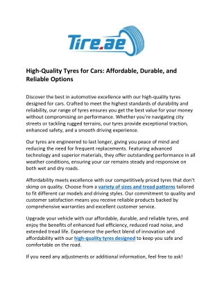 High-Quality Tyres for Cars: Affordable, Durable, and Reliable Options