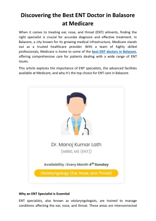 Discovering the Best ENT Doctor in Balasore at Medicare