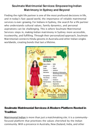 Soulmate Matrimonial Services Empowering Indian Matrimony in Sydney and Beyond