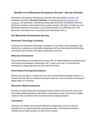 Benefits of our Blockchain Development Services - Security Tokenizer