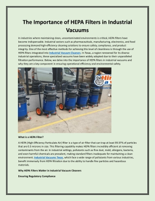 The Importance of HEPA Filters in Industrial Vacuums