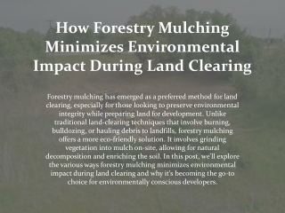 How Forestry Mulching Minimizes Environmental Impact During Land Clearing