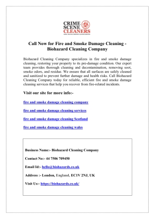 Call Now for Fire and Smoke Damage Cleaning - Biohazard Cleaning Company