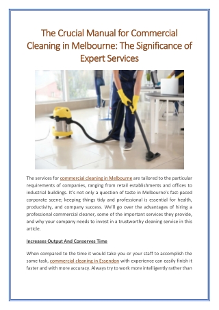 The Crucial Manual for Commercial Cleaning in Melbourne The Significance of Expert Services