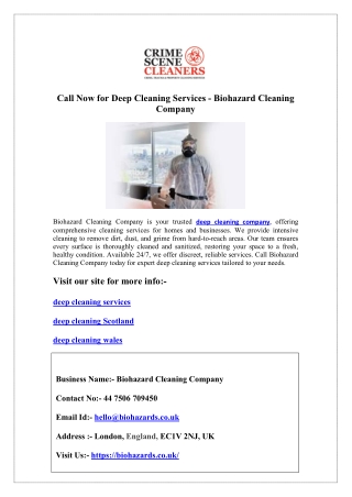 Call Now for Deep Cleaning Services - Biohazard Cleaning Company