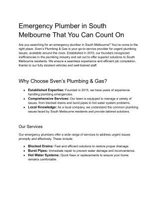 Emergency Plumber in South Melbourne