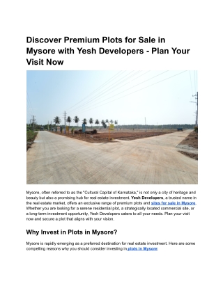 Discover Premium Plots for Sale in Mysore with Yesh Developers - Plan Your Visit Now