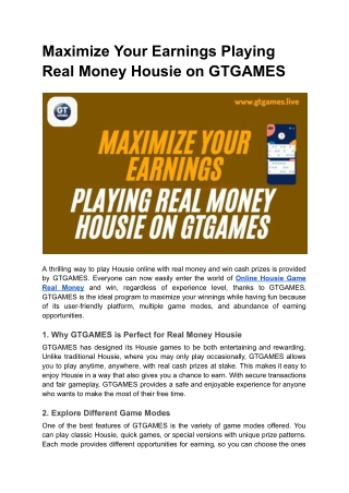 Maximize Your Earnings Playing Real Money Housie on GTGAMES