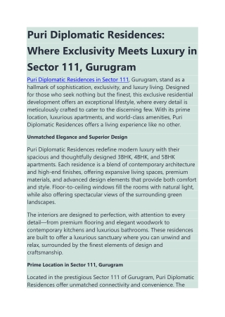 Puri Diplomatic Residences Where Exclusivity Meets Luxury in Sector 111, Gurugram