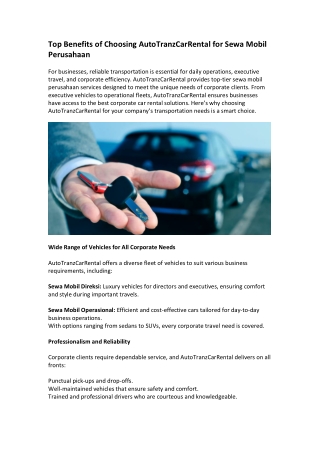 Top Benefits of Choosing AutoTranzCarRental for Sewa Mobil Perusahaan