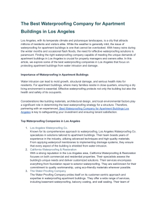 Best Waterproofing Company for Apartment Buildings in Los Angeles