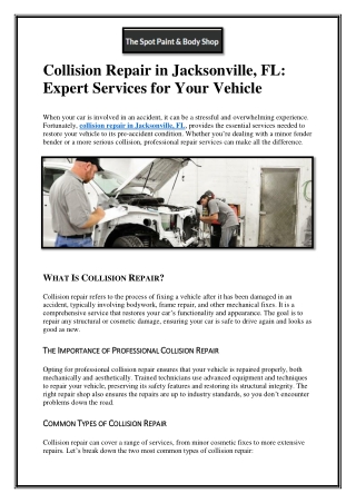 Collision Repair in Jacksonville, FL Expert Services for Your Vehicle