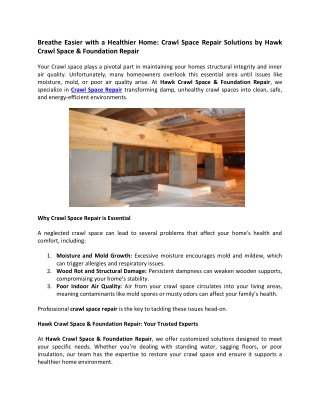 Breathe Easier with a Healthier Home Crawl Space Repair Solutions by Hawk Crawl Space and Foundation Repair