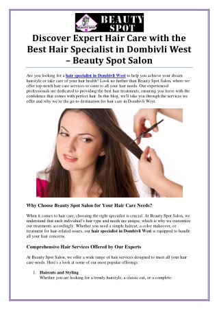 Best Hair Specialist in Dombivli West for Healthy and Beautiful Hair