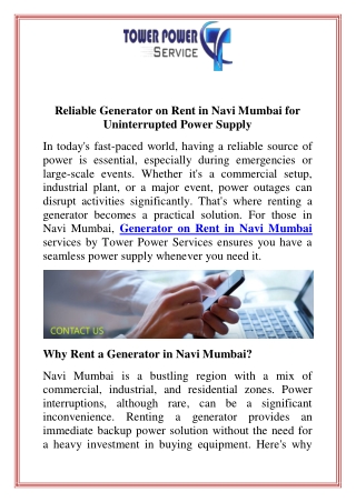 Reliable Generator on Rent in Navi Mumbai for Uninterrupted Power Supply