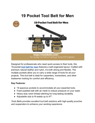 19 Pocket Tool Belt for Men