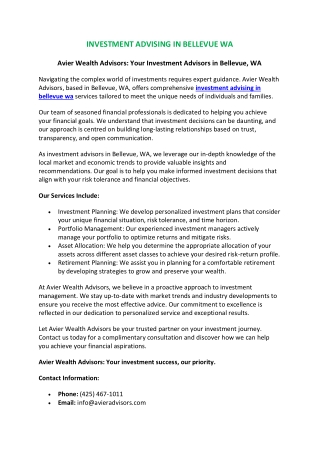 Investment Advising in Bellevue WA | Avier Wealth Advisors