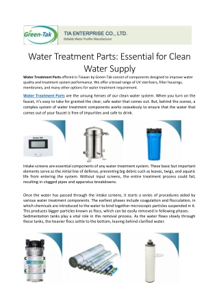 Water Treatment Parts Needed for Clean Water Supply.