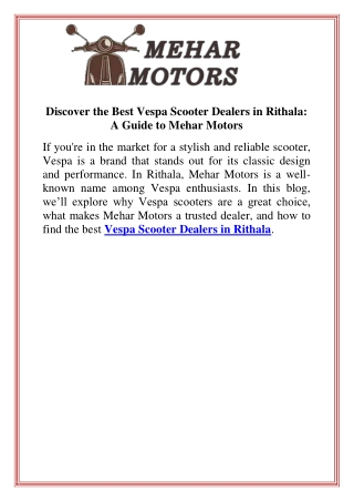 Discover the Best Vespa Scooter Dealers in Rithala A Guide to Mehar Motors