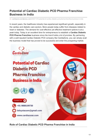 Potential of Cardiac Diabetic PCD Pharma Franchise Business in India