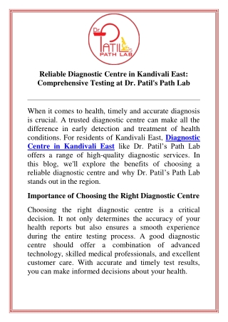 Reliable Diagnostic Centre in Kandivali East Comprehensive Testing at Dr. Patil's Path Lab