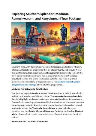 Exploring Southern Splendor Madurai, Rameshwaram, and Kanyakumari Tour Package