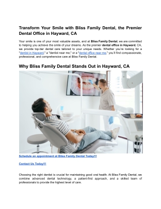 Transform Your Smile with Bliss Family Dental, the Premier Dental Office in Hayward, CA